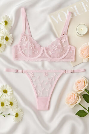 Pembe Çiçek Desenli Dantel Bralet & Külot İç Giyim Takımı