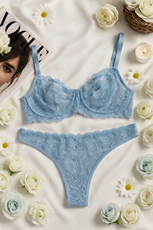 Mavi Dantel Bralet & Külot İç Giyim Takımı