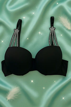 Taş Detaylı Sİyah Push Up Sütyen Takımı