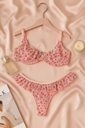 Pudra Çiçek Desenli Fırfırlı Tül Sütyen Külot Takımı