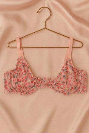 Pudra Çiçek Desenli Fırfırlı Tül Sütyen Külot Takımı