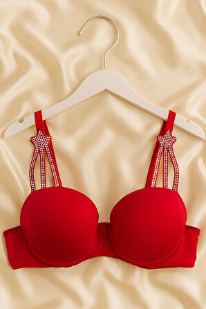 Taş Detaylı Kırmızı Push Up Sütyen Takımı