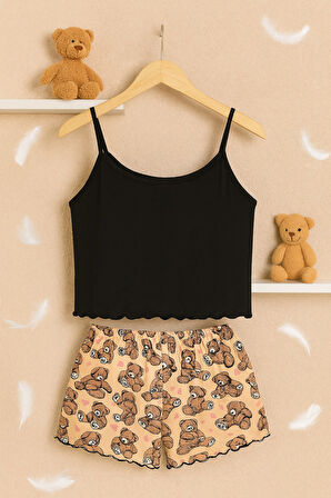 Ayıcık Baskılı Askılı Renkli Şortlu Kadın Pijama Seti