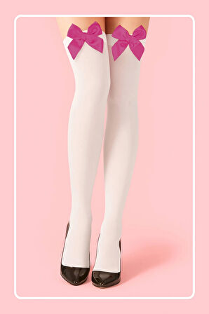 Fuşya Fiyonklu Beyaz Jartiyer Çorabı TM1379