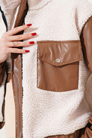 Deri garnili cepli peluş mont taba t1253