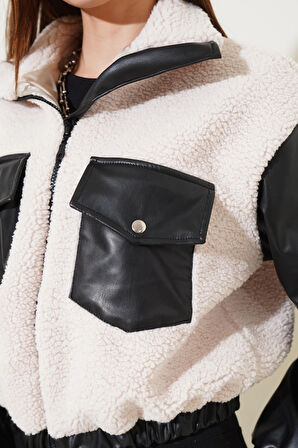 Deri garnili cepli peluş mont siyah t1253