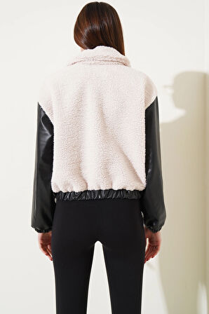 Deri garnili cepli peluş mont siyah t1253