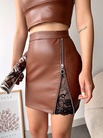 Dantelli fermuarlı deri etek kahve w24598