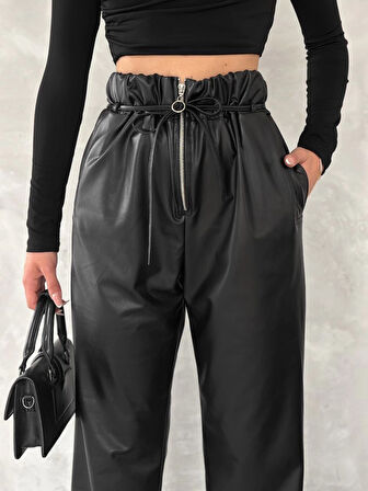 Kendinden ince kemerli deri pantolon siyah t1178