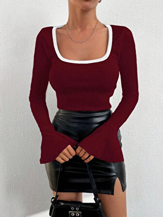 Kare yaka garni detay ispanyol kol bluz bordo a3105