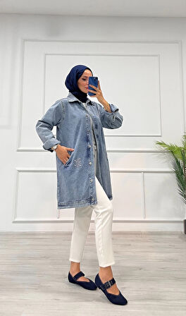 Taşlı tunik ceket kar yıkama orta mavi d2516