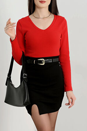 V yaka kaşkorse bluz kırmızı a3699