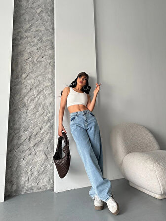 Baggy kar yıkama orta mavi jeans pantolon d2007