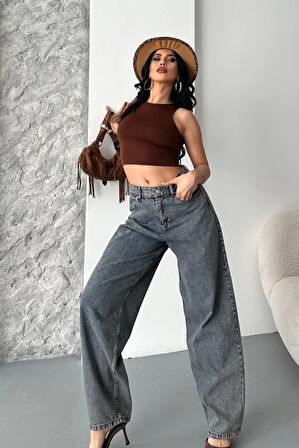 Baggy kar yıkama eskitme kahve jeans pantolon d2007