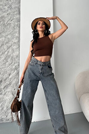 Baggy kar yıkama eskitme kahve jeans pantolon d2007