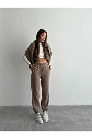 3 iplik şardonlu paça lastikli eşofman vizon is001