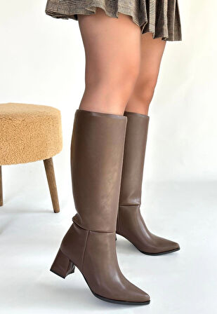 Roksa Acı Kahvei Cilt Topuklu Çizme