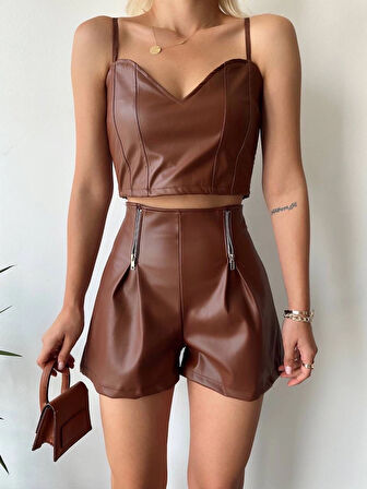 Çift fermuarlı deri şort kahve h24394