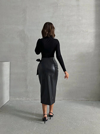 Kuşaklı uzun deri etek siyah h26414