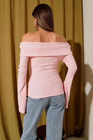 Omzu Açık Fermuarlı Bluz pembe T4330