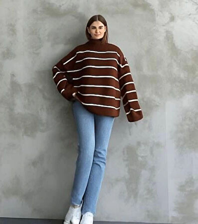 Çizgili ispanyol kol triko boğazlı kahve beyaz elf