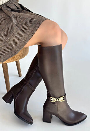 Mooni Kahverengi Cilt Topuklu Çizme