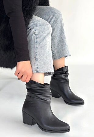 Lukana Siyah Cilt Topuklu Körüklü Bot