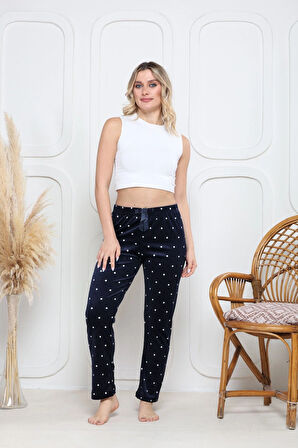Kadife pijama altı lacivert üzerine beyaz Pontiye desenli q7013