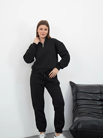 3 iplik içi Şardonlu yarım fermuarlı alt üst takım siyah