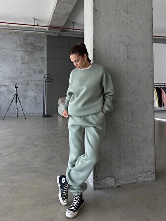 3 iplik şardonlu Lastik paça eşofman mint p510439