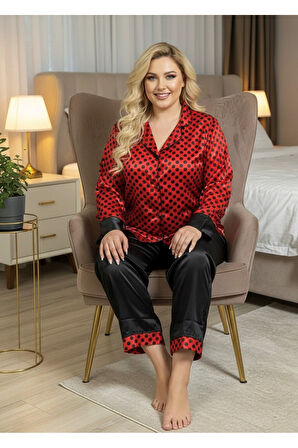 Siyah-Kırmızı Saten Pijama Takımı - 1621