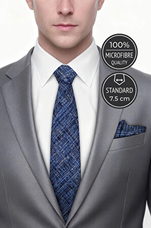 Retro Desen Mavi Kravat & Mendil