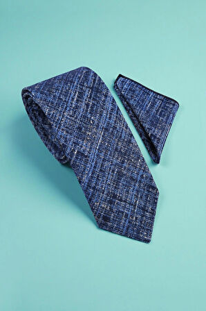 Retro Desen Mavi Kravat & Mendil