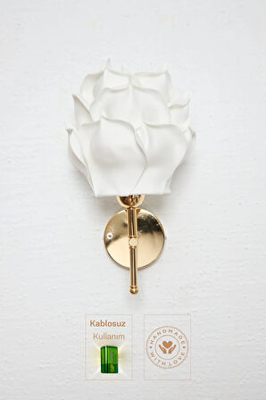 Dekor Eva Gül Üst Beyaz-metal Parlak Gold Kablosuz Pilli Ledli Duvar Aydınlatması Aplik