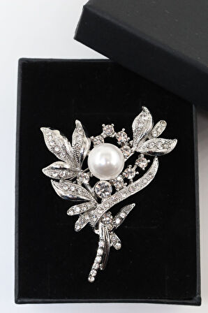 Defne Yapraklı Incili Taşlı Broş. Taşlı Tasarım Incili Broş Yaka Iğnesi Broş. Kadın Broş. Çiçek Broş