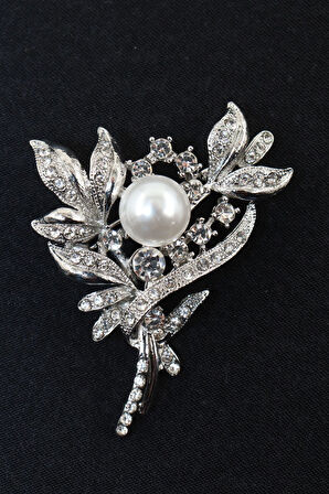 Defne Yapraklı Incili Taşlı Broş. Taşlı Tasarım Incili Broş Yaka Iğnesi Broş. Kadın Broş. Çiçek Broş