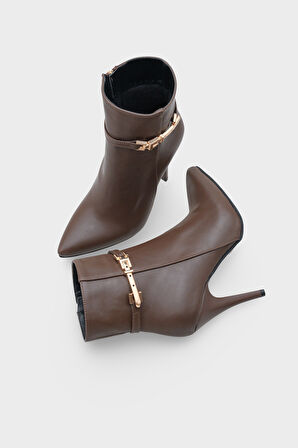 Kadın Topuklu Sivri Burun Tokalı Fermuarlı Günlük Bot Royas Kahve