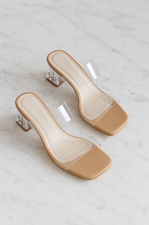 Günlük Kadın Terlik Çift Şeffaff Şeritli Bantlı Kalın Şeffaf Topuklu Abiye Ayakkabı 105