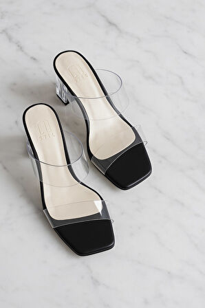 Günlük Kadın Terlik Çift Şeffaff Şeritli Bantlı Kalın Şeffaf Topuklu Abiye Ayakkabı 105