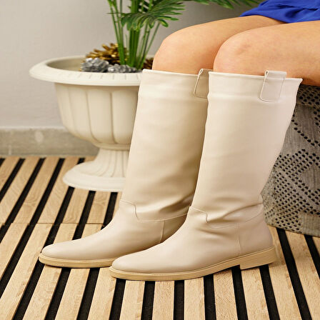 Günlük Kadın Diz Altı Çizme Alçak Topuklu Tırtıklı Tabanlı Oval Burun Kürklü Astarlı Sade Rahat 1050