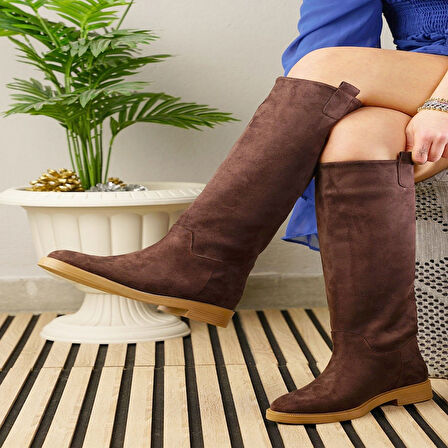 Günlük Kadın Diz Altı Çizme Alçak Topuklu Tırtıklı Tabanlı Oval Burun Kürklü Astarlı Sade Rahat 1050