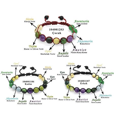 Makrome Örgülü Küre Kesim Çoklu Doğaltaş Kombinli Kadın-Erkek-Çocuk Şifa Bilekliği(3'lü Set)