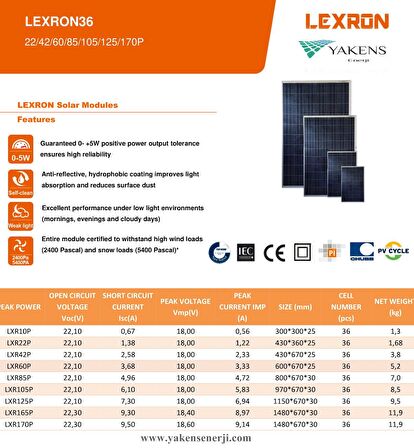 22 Watt 12V Polikristal Güneş Paneli Lexron