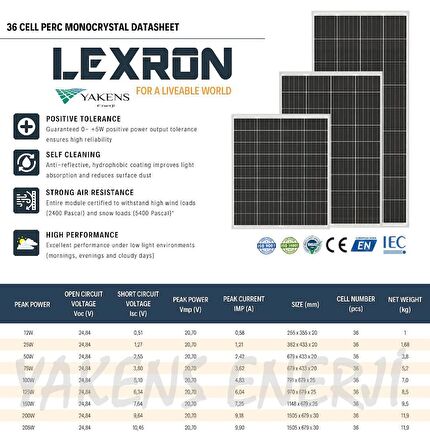 50 Watt 12V Monokristal Güneş Paneli Lexron