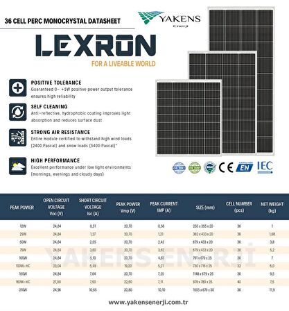 210 Watt 12V Monokristal Güneş Paneli Lexron 