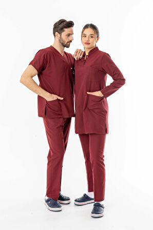 Terikoton Uzun Kol Doktor Hemşire Forması Alt Üst Takım Bordo (TTST0003)
