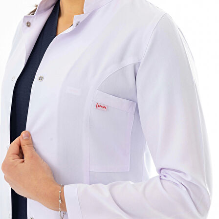Hakim Yaka Uzun Boy Kadın Doktor Önlüğü Alpaka Kumaş Beyaz (BKO003)