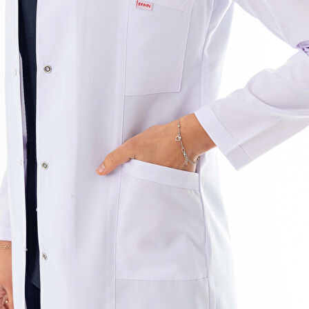 Hakim Yaka Uzun Boy Kadın Doktor Önlüğü Alpaka Kumaş Beyaz (BKO003)