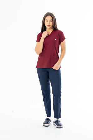 Gofre Likra Yarasa Kol Doktor Hemşire Tek Üst Forma Bordo (GFR3010)