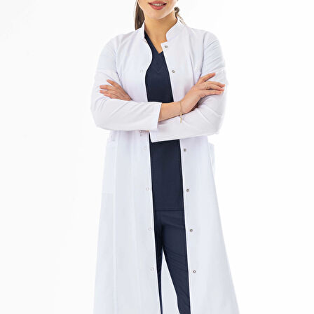 Hakim Yaka Maxi boy Kadın Doktor Önlüğü Alpaka Kumaş Beyaz (BKO004)